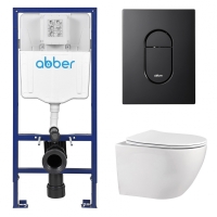 Комплект подвесной унитаз ABBER Bequem AC1100 белый с инсталляцией AC0108 и кнопкой AC0124MB черная матовая