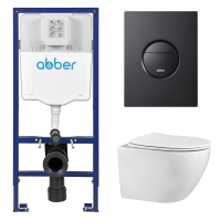 Комплект подвесной унитаз ABBER Bequem AC1100 белый с инсталляцией AC0108 и кнопкой AC0126MB черная матовая