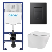 Комплект подвесной унитаз ABBER Bequem AC1102 белый с инсталляцией AC0108 и кнопкой AC0123MB черная матовая