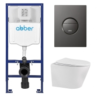 Комплект подвесной унитаз ABBER Bequem AC1102 белый с инсталляцией AC0108 и кнопкой AC0126NG оружейная сталь