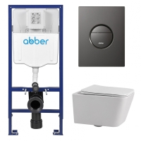 Комплект подвесной унитаз ABBER Rechteck AC1201 белый с инсталляцией AC0108 и кнопкой AC0126NG оружейная сталь