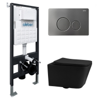 Комплект подвесной унитаз ABBER Rechteck AC1201MB черный матовый с инсталляцией AC0105 и кнопкой AC0121NG никель