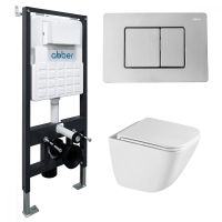 Комплект подвесной унитаз ABBER Rechteck AC1220TC белый, с закрытым дном с инсталляцией AC0105 и кнопкой AC0120 хром глянцевый